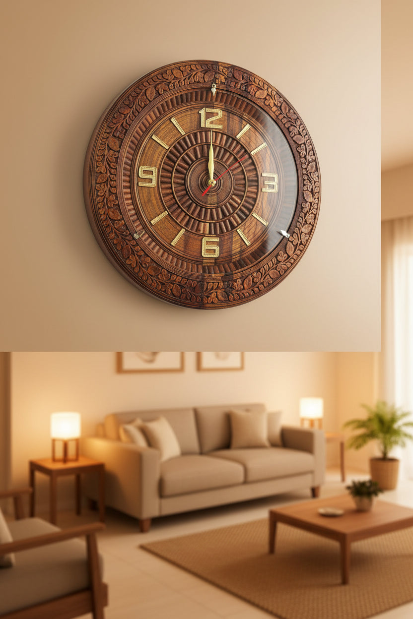 Hand Carved Floral Wooden Wall Clock - Round Sheesham Wood Clock