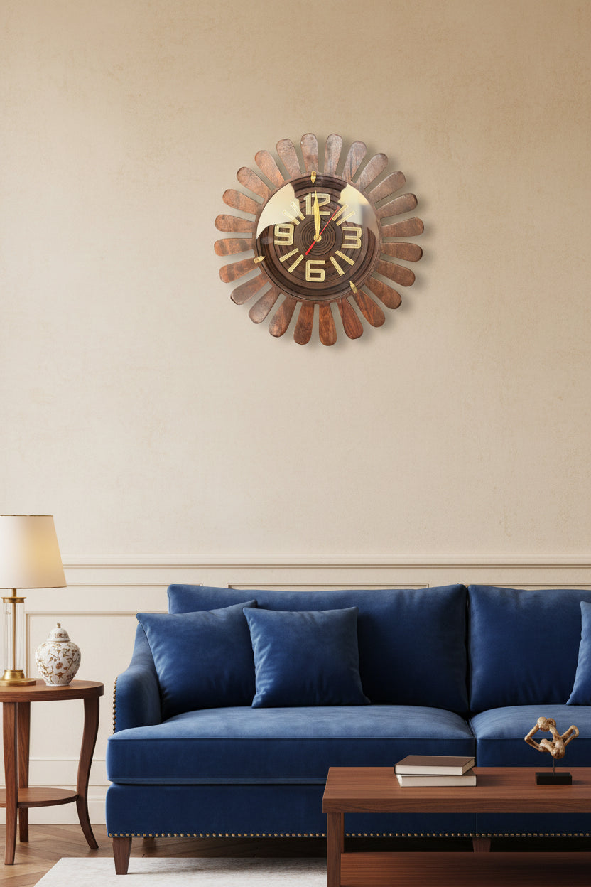 Hand Carved Sunburst Wooden Wall Clock - Premium Sheesham Wood`