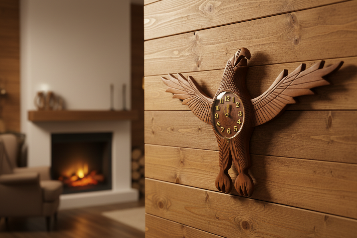 Hand Carved Eagle / Shahbaz Wooden Wall Clock - Flying Eagle Design