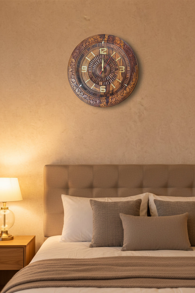 Hand Carved Floral Wooden Wall Clock - Round Sheesham Wood Clock