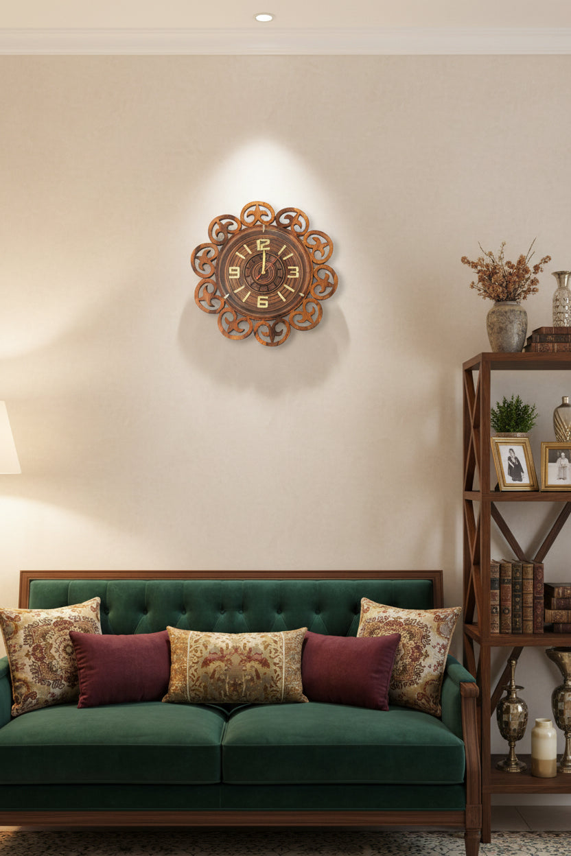 Hand Carved Jali Wooden Wall Clock - Royal Cutwork Design