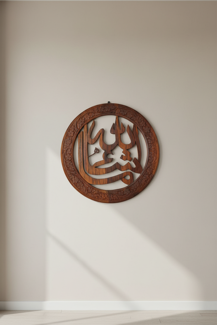 14 inch Hand Carved Wooden MashAllah Wall Art - Islamic Round Calligraphy`