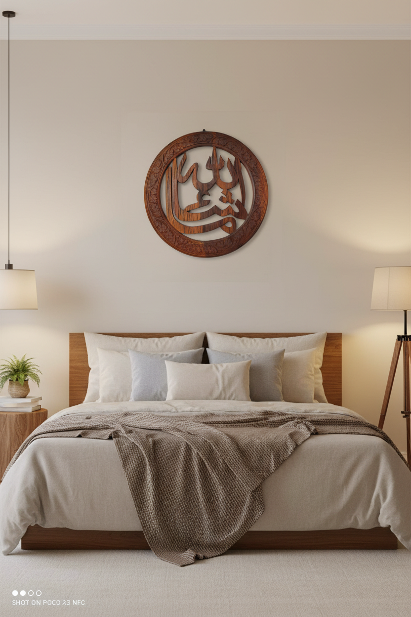 14 inch Hand Carved Wooden MashAllah Wall Art - Islamic Round Calligraphy`
