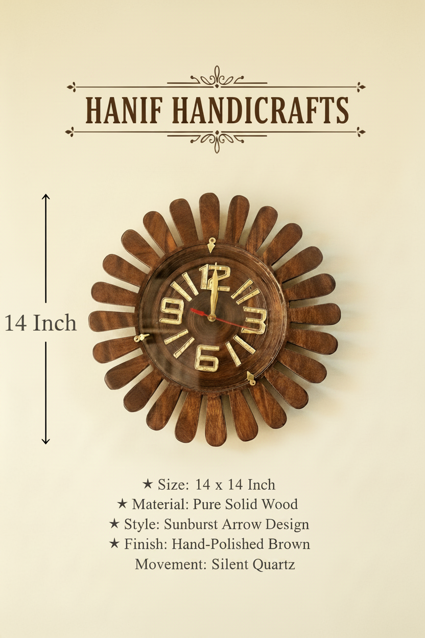 Hand Carved Sunburst Wooden Wall Clock - Premium Sheesham Wood`