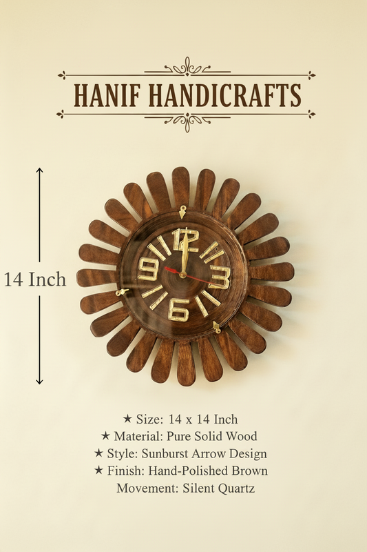 Hand Carved Sunburst Wooden Wall Clock - Premium Sheesham Wood`