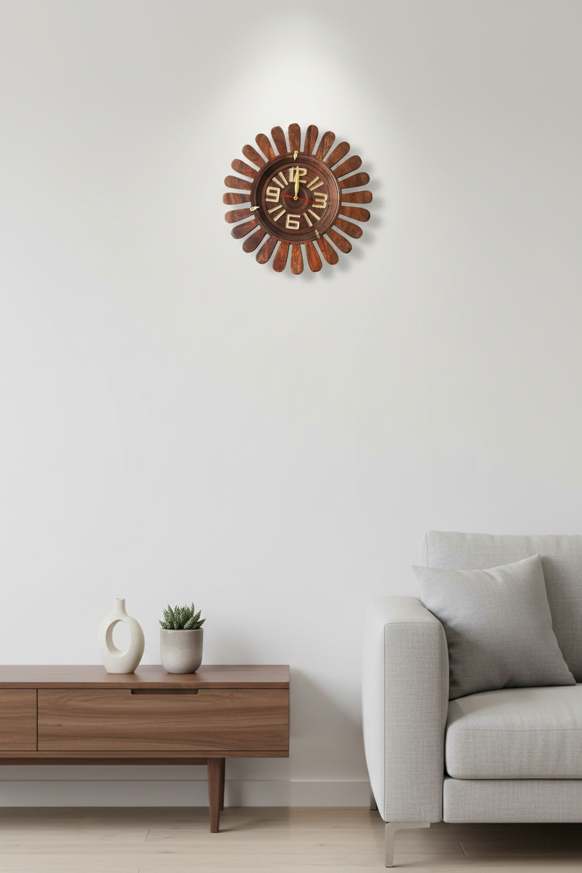 Hand Carved Sunburst Wooden Wall Clock - Premium Sheesham Wood`