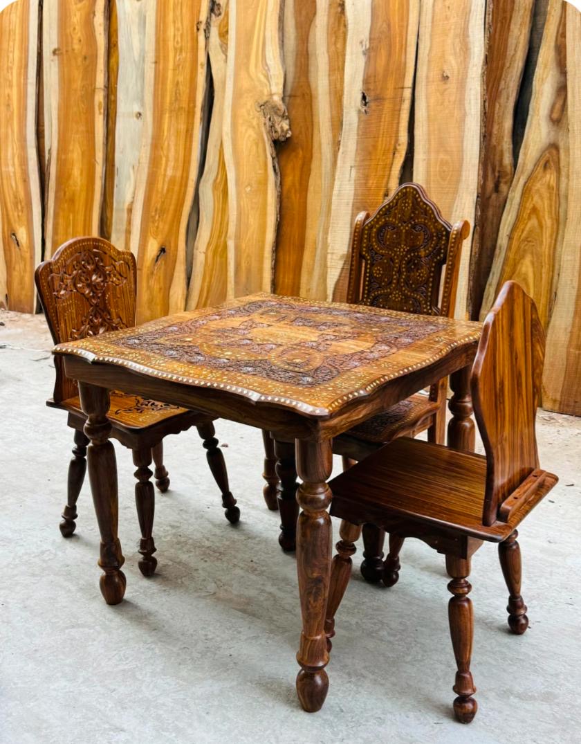 Custom Hand Carved 4 Seater Table Set - Made to Order