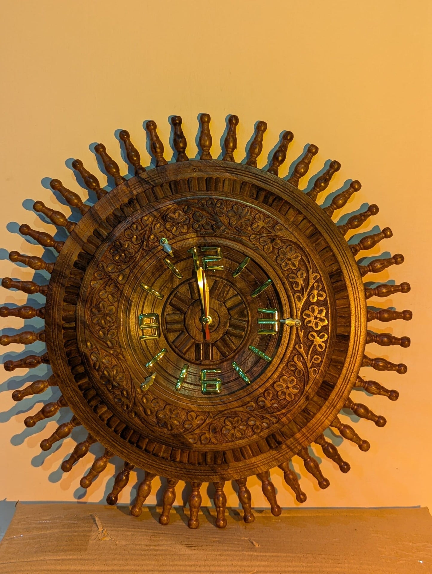 22”Inch Hand Carved Spindle Sunburst Wooden Wall Clock - Sheesham Wood
