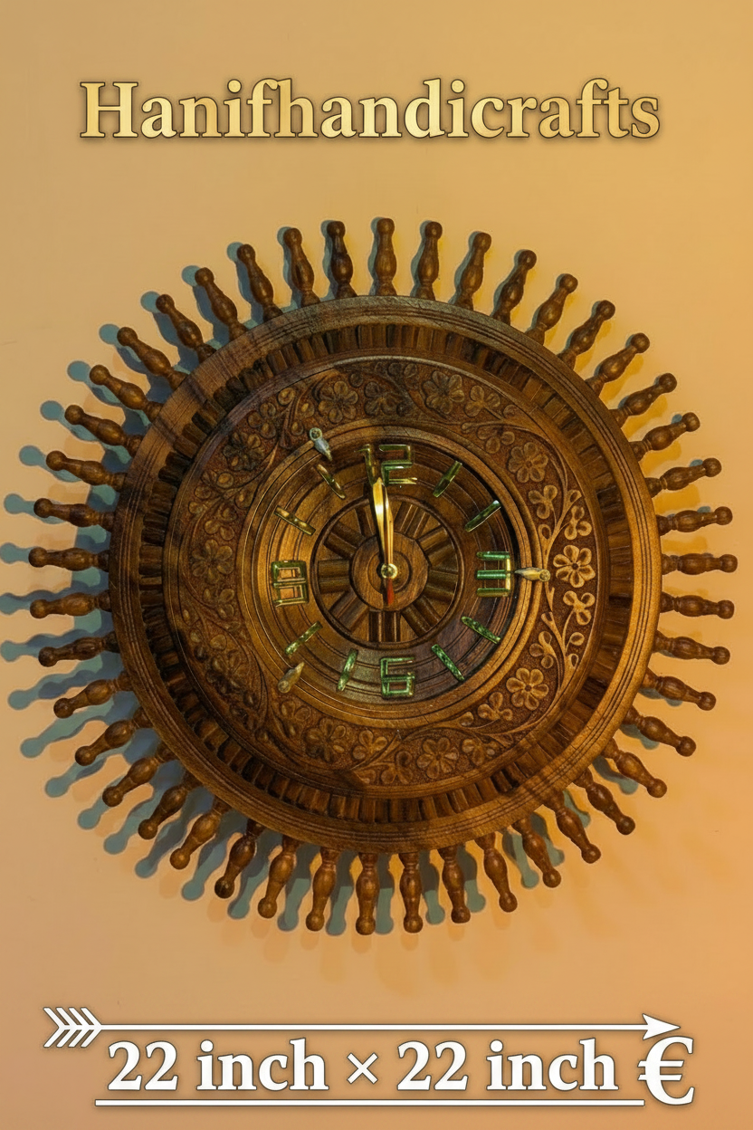 22”Inch Hand Carved Spindle Sunburst Wooden Wall Clock - Sheesham Wood