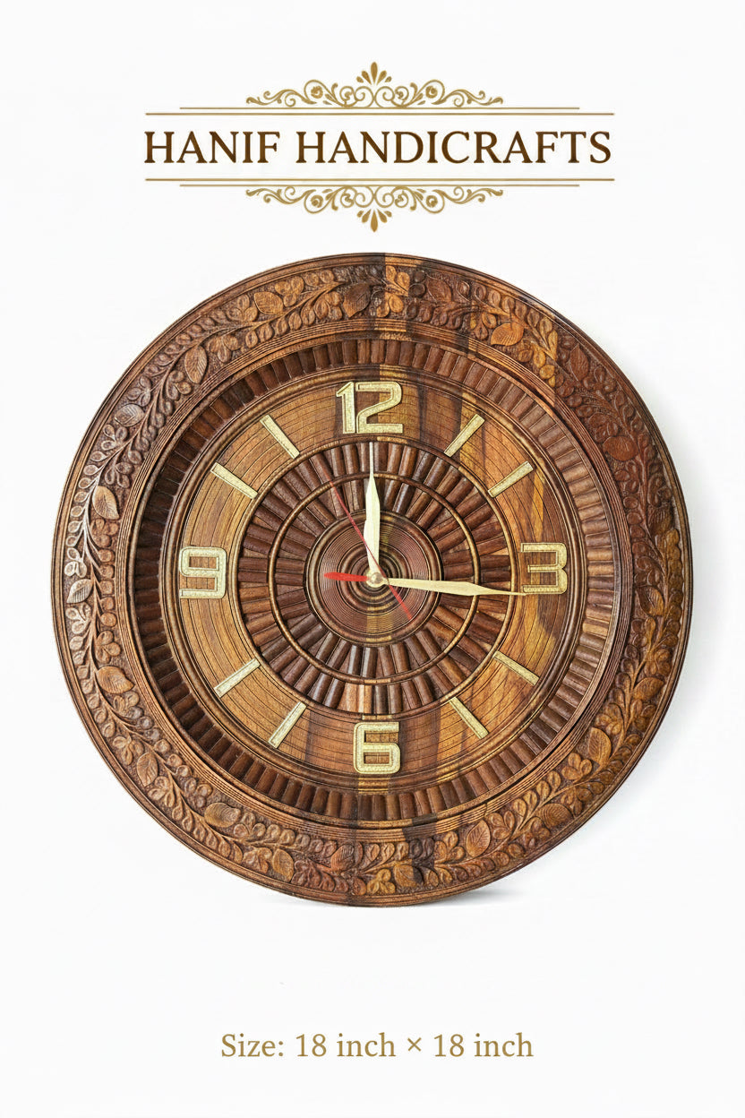 Hand Carved Floral Wooden Wall Clock - Round Sheesham Wood Clock