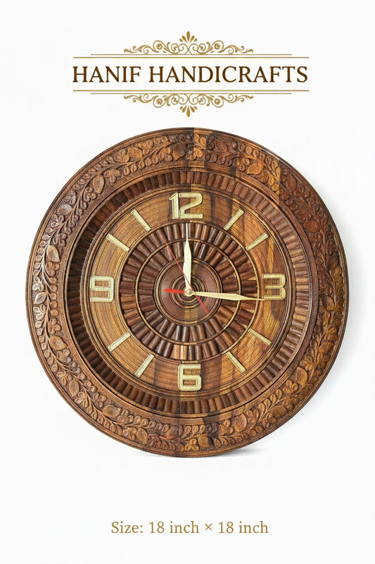 Hand Carved Floral Wooden Wall Clock - Round Sheesham Wood Clock