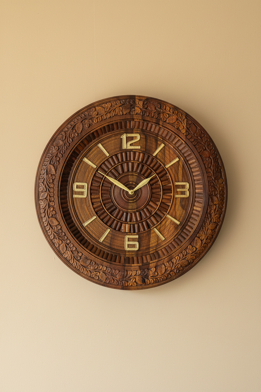 Hand Carved Floral Wooden Wall Clock - Round Sheesham Wood Clock